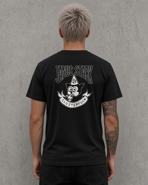 Janus Stark Clusterfuck tee in black, back view with the full Clusterfuck design in white