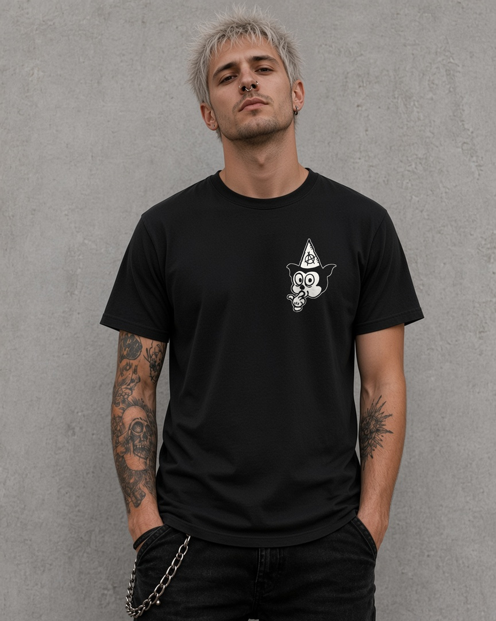 Janus Stark Clusterfuck tee in black, front view with small white cat-head logo on the left chest