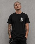 Janus Stark Clusterfuck tee in black, front view with small white cat-head logo on the left chest