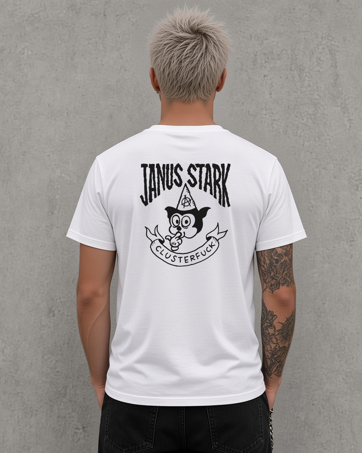 Janus Stark Clusterfuck tee in white, back view with the full Clusterfuck design in black
