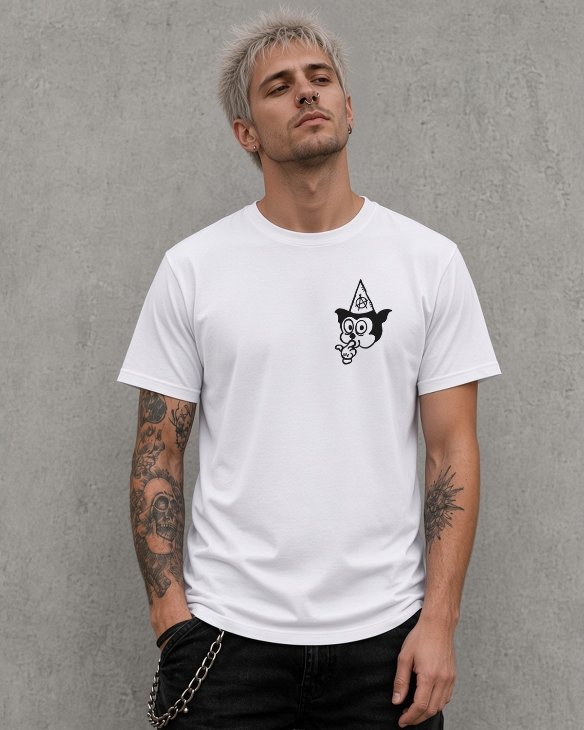 Janus Stark Clusterfuck tee in white, front view with small black cat-head logo on the left chest