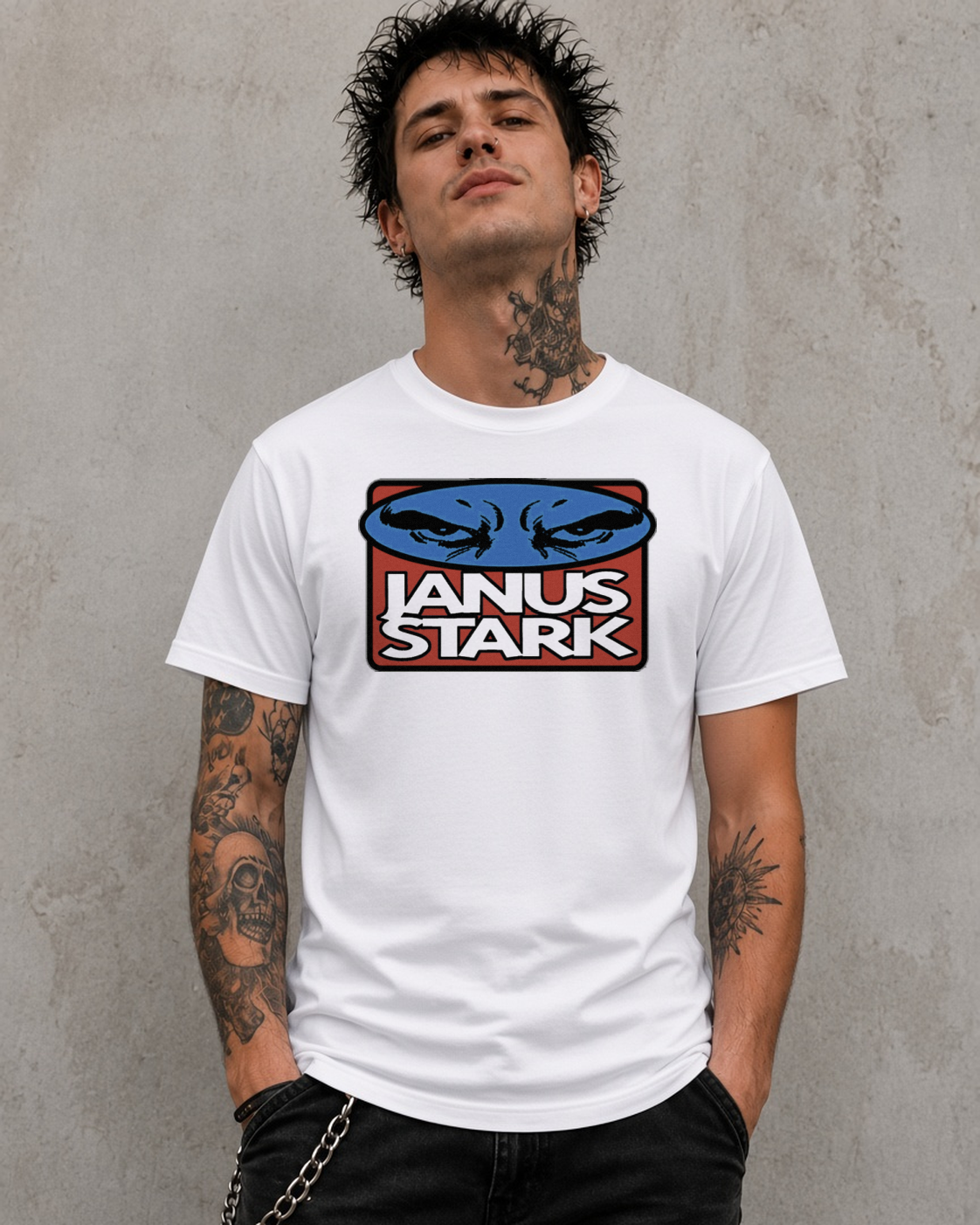 Janus Stark Great Adventure Cigar tee in white, front view with the full-colour Great Adventure Cigar logo