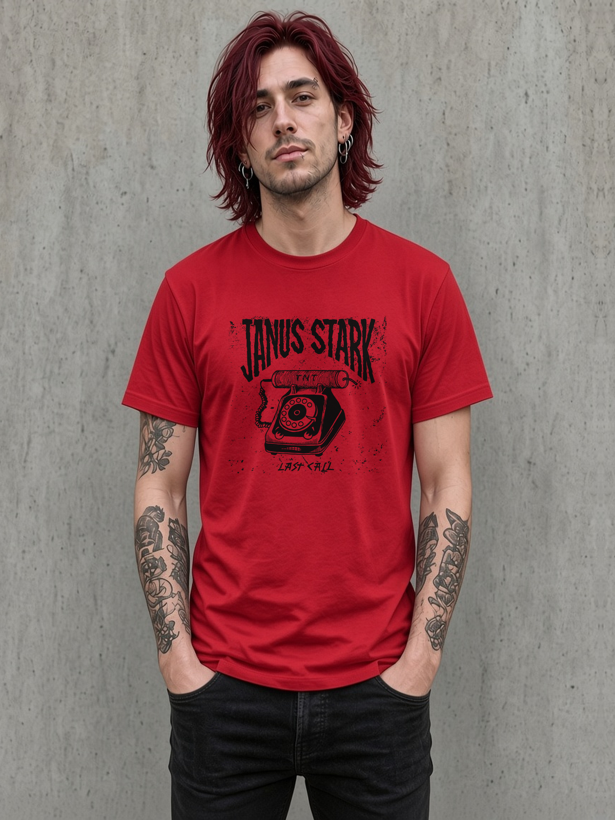 Janus Stark Last Call t-shirt on a red tee