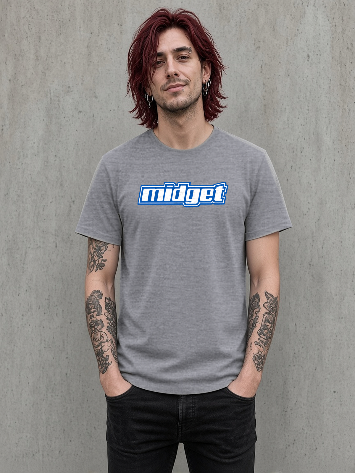 Midget blue logo t-shirt on a grey tee