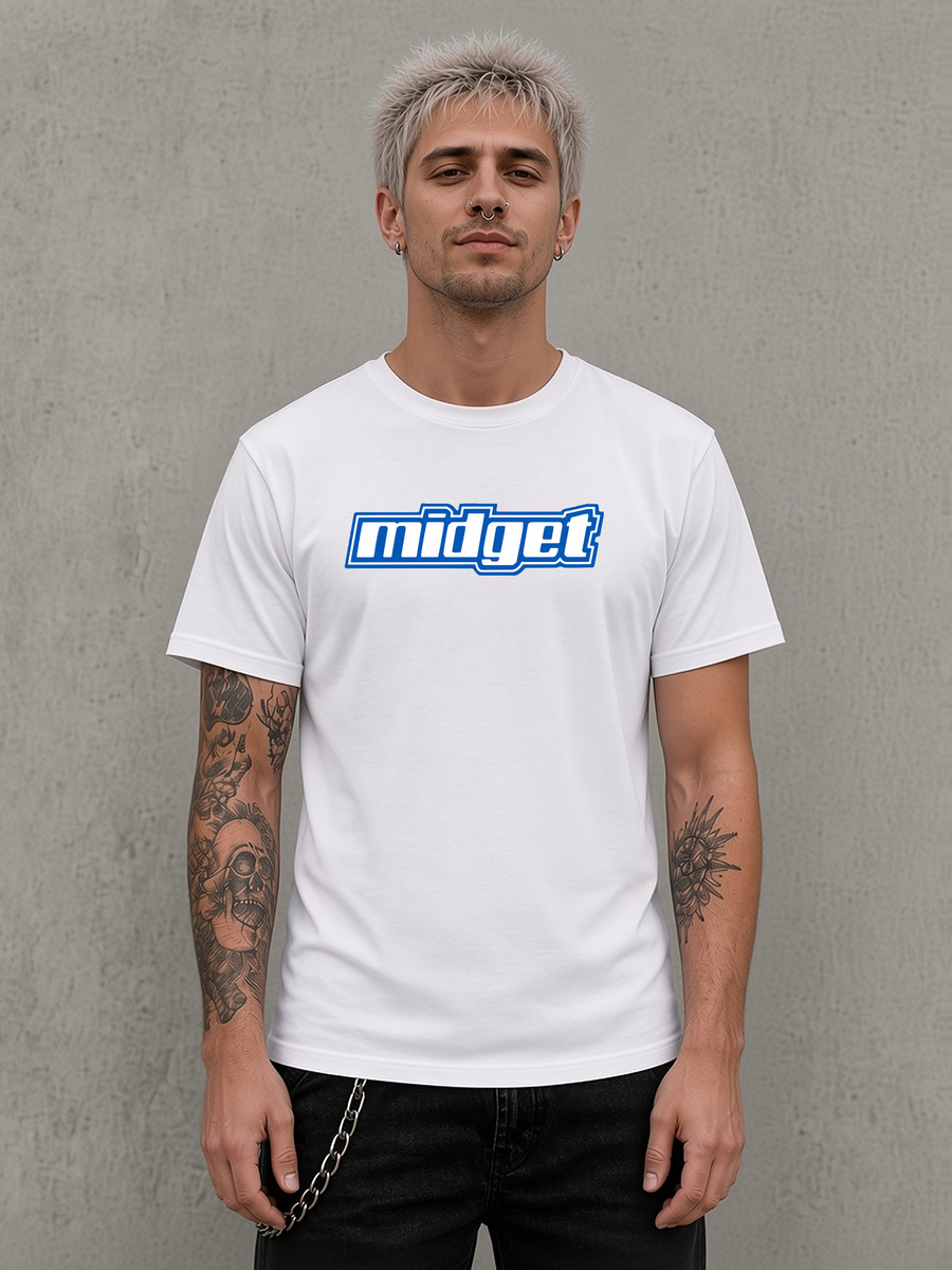 Midget blue logo t-shirt on a white tee