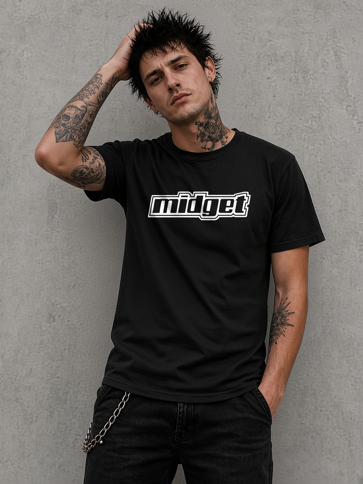 Midget white logo t-shirt on a black tee