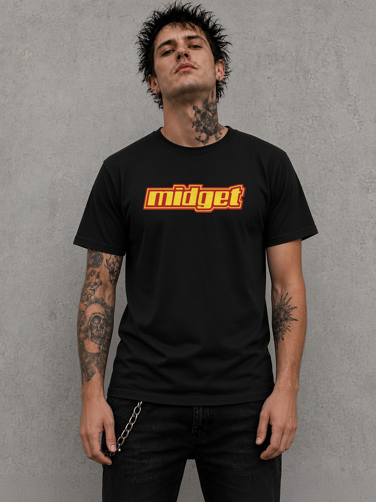 Midget yellow logo t-shirt on a black tee